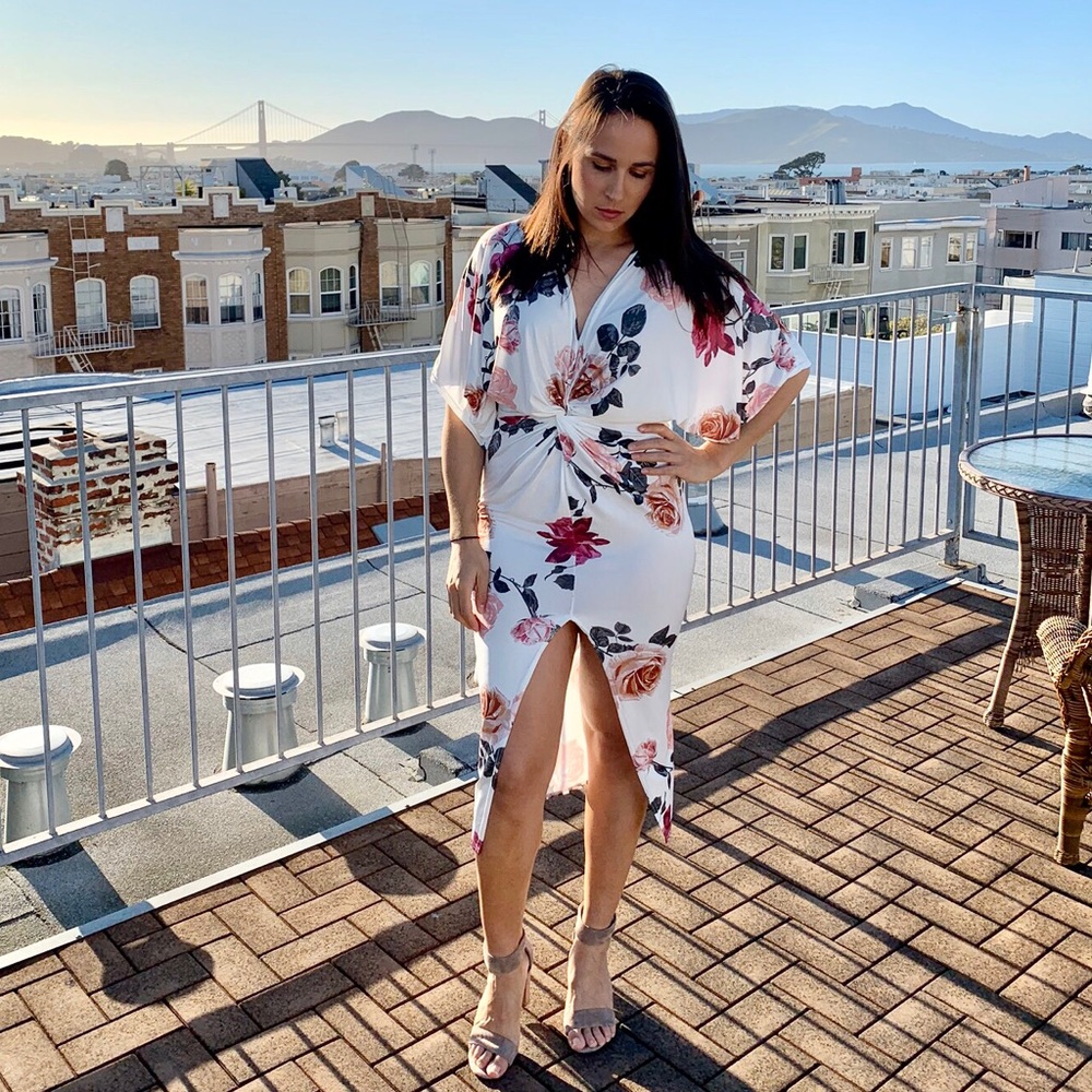 White floral dress midi bodycon dress